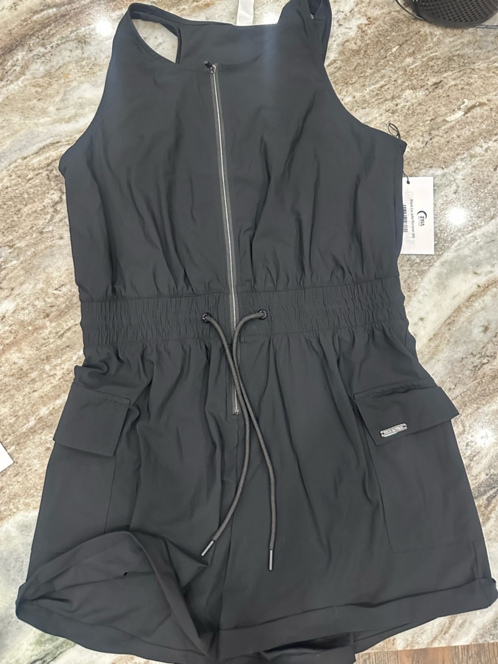 Black Sleeveless Zip-Front Romper with Drawstring Waist